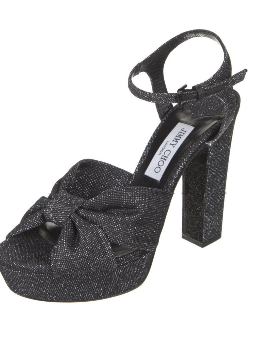 Jimmy Choo Black Glitter Bow Platform Ankle-Strap Sandal